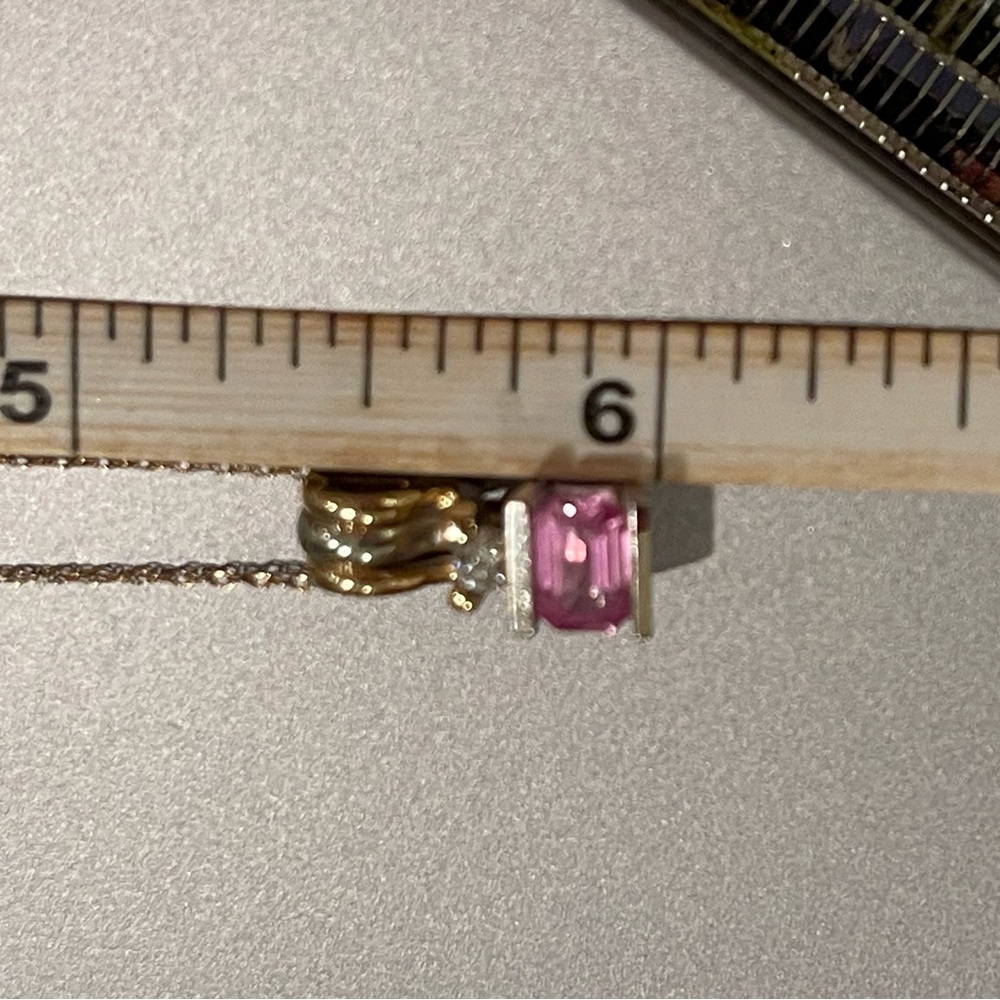 Pink sapphire, two tone, 14 karat gold modernist, diamond pendant - Picture 7 of 15